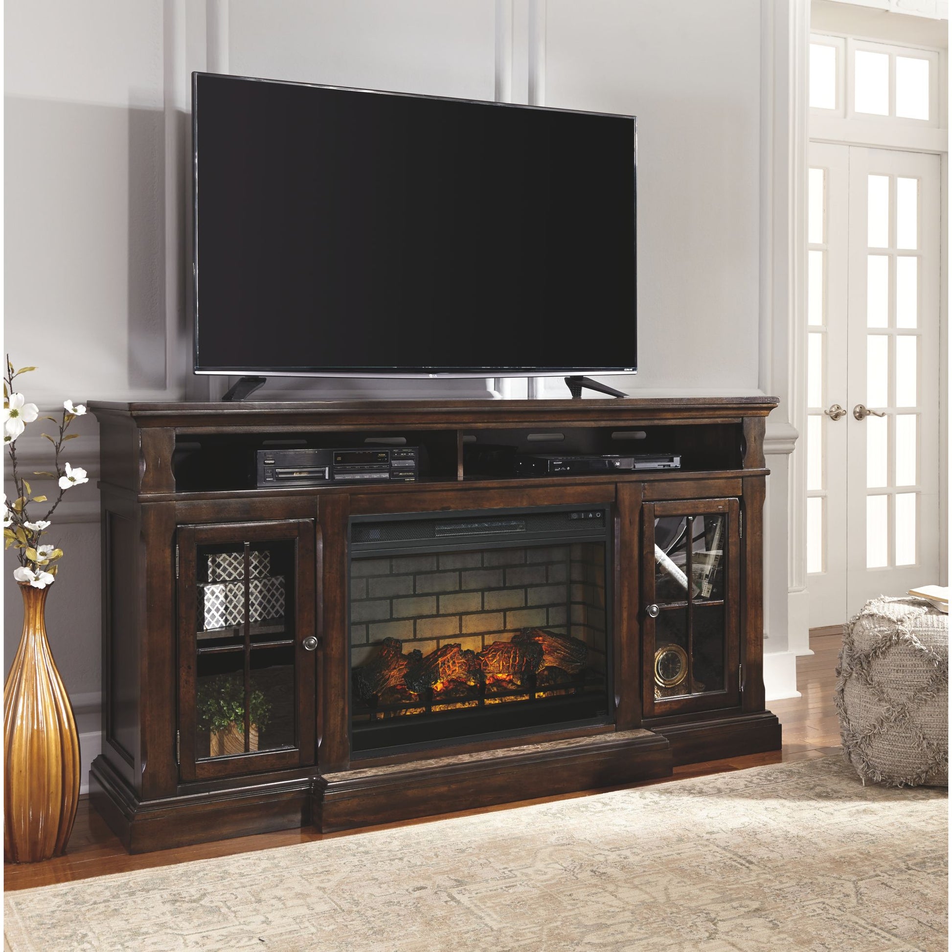 Roddinton TV Stand with Fireplace - Dark Brown
