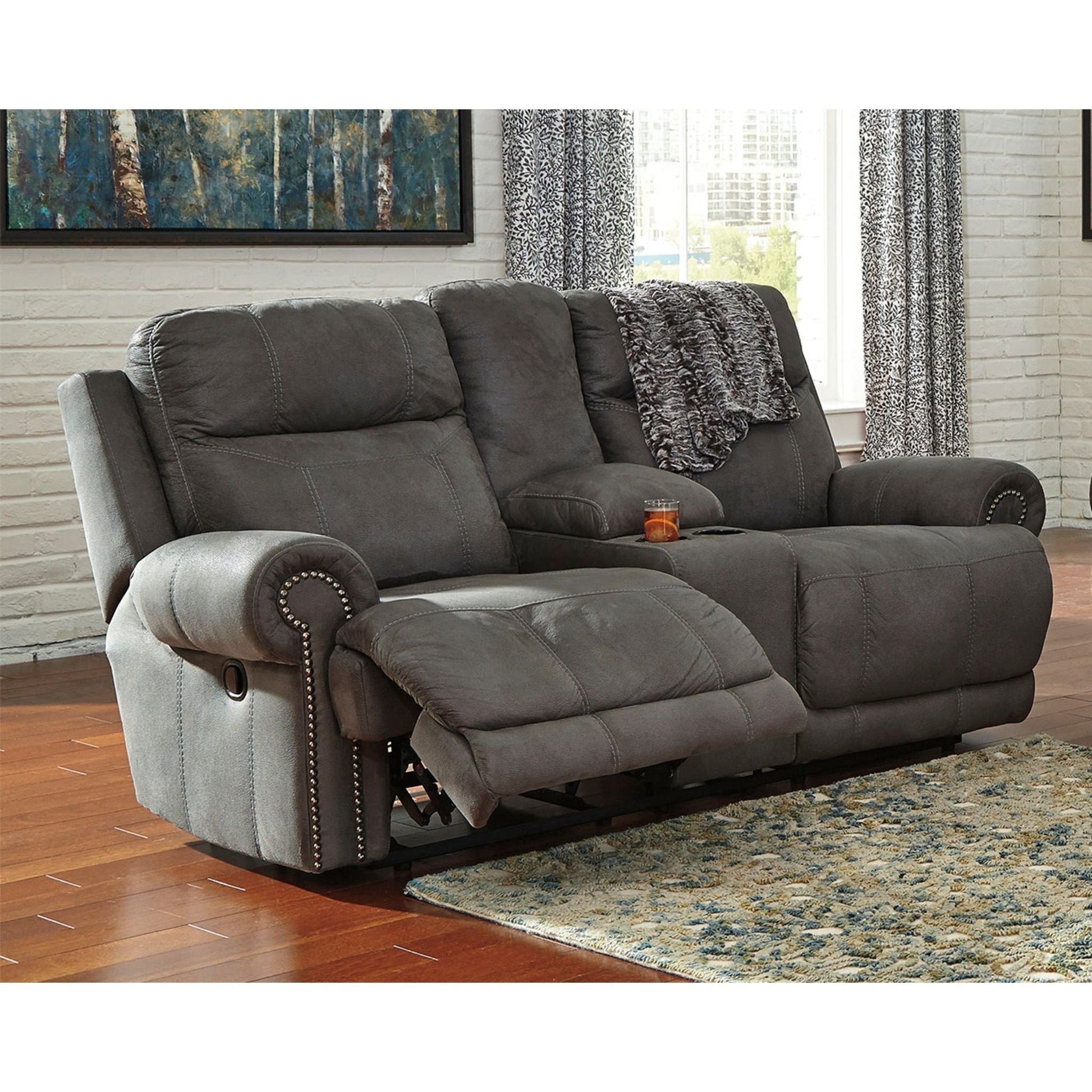 Austere Reclining Loveseat with Console - Grey