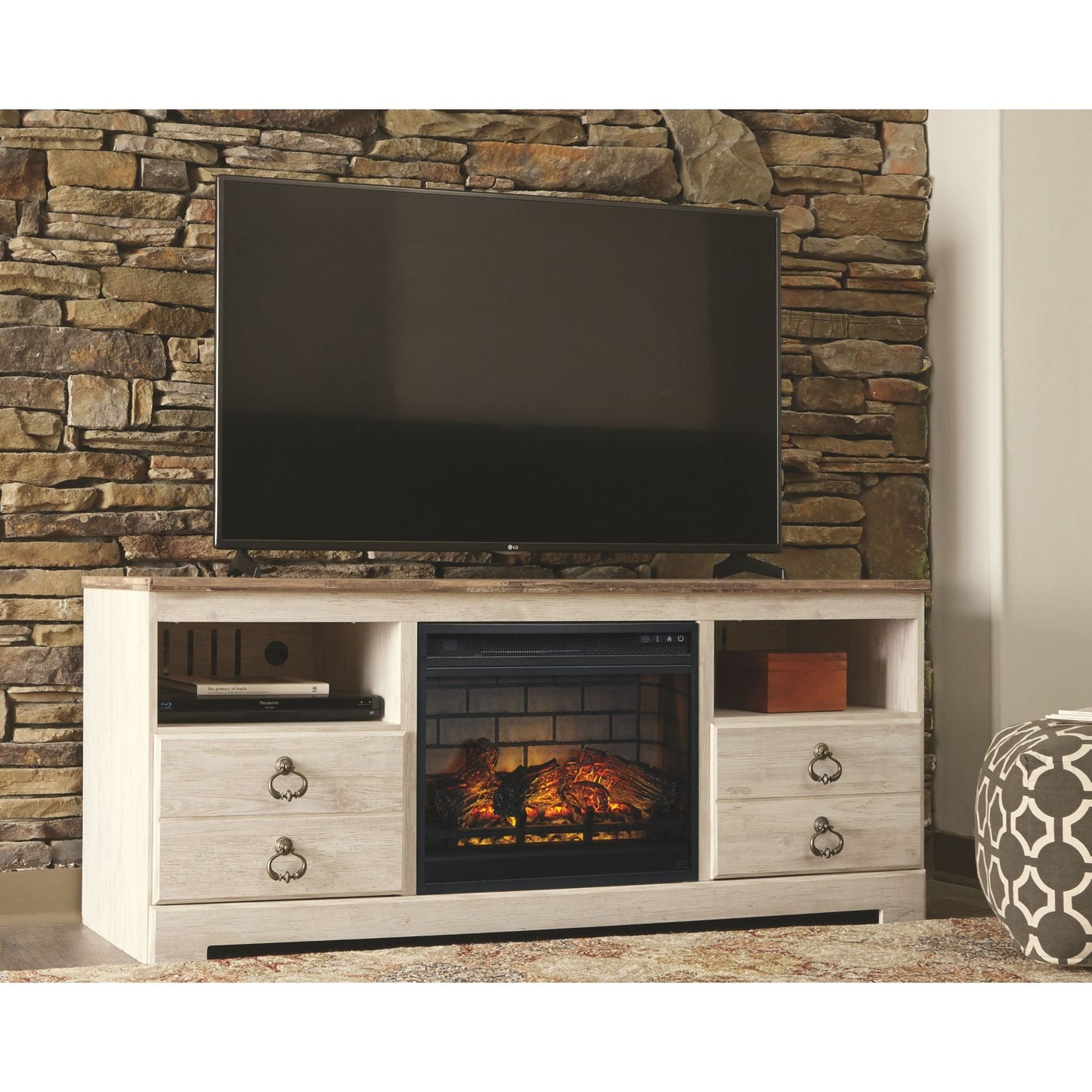 Willowton (READY TO ASSEMBLE) TV Stand with Fireplace - Whitewash