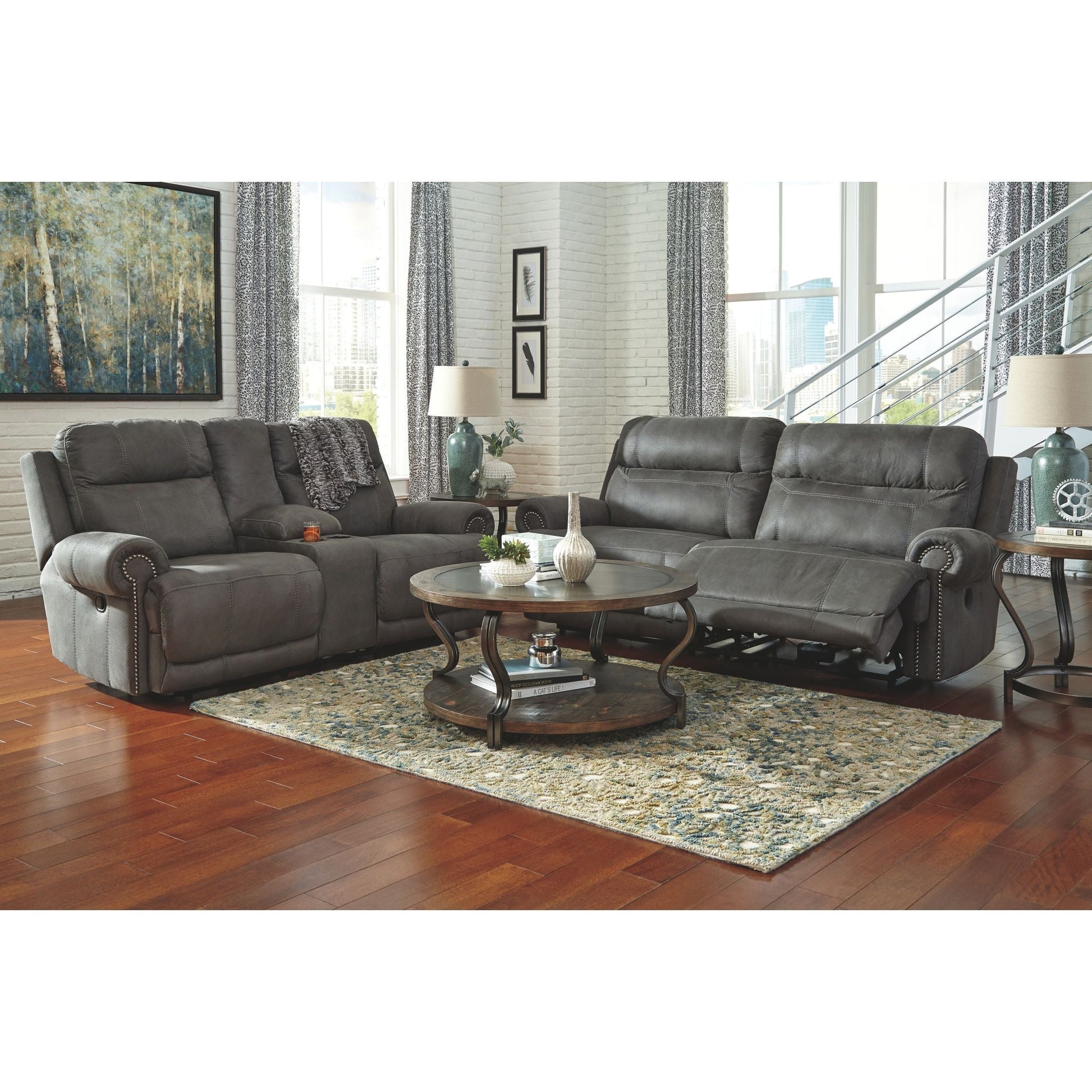 Austere Reclining Loveseat with Console - Grey