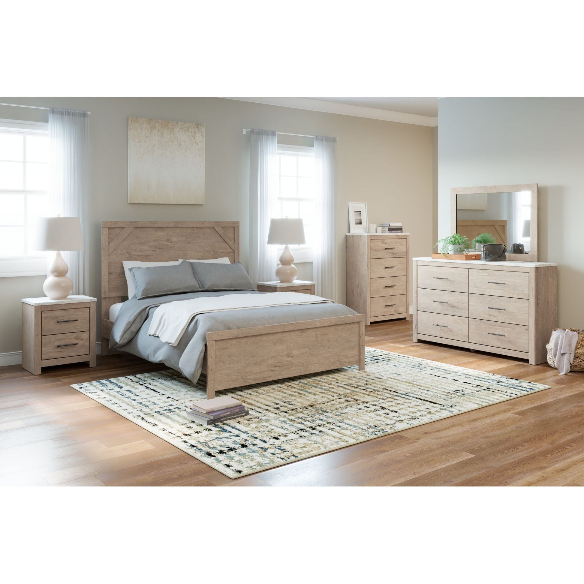 Senniberg 3 Piece Queen Panel Bed - Light Brown/White