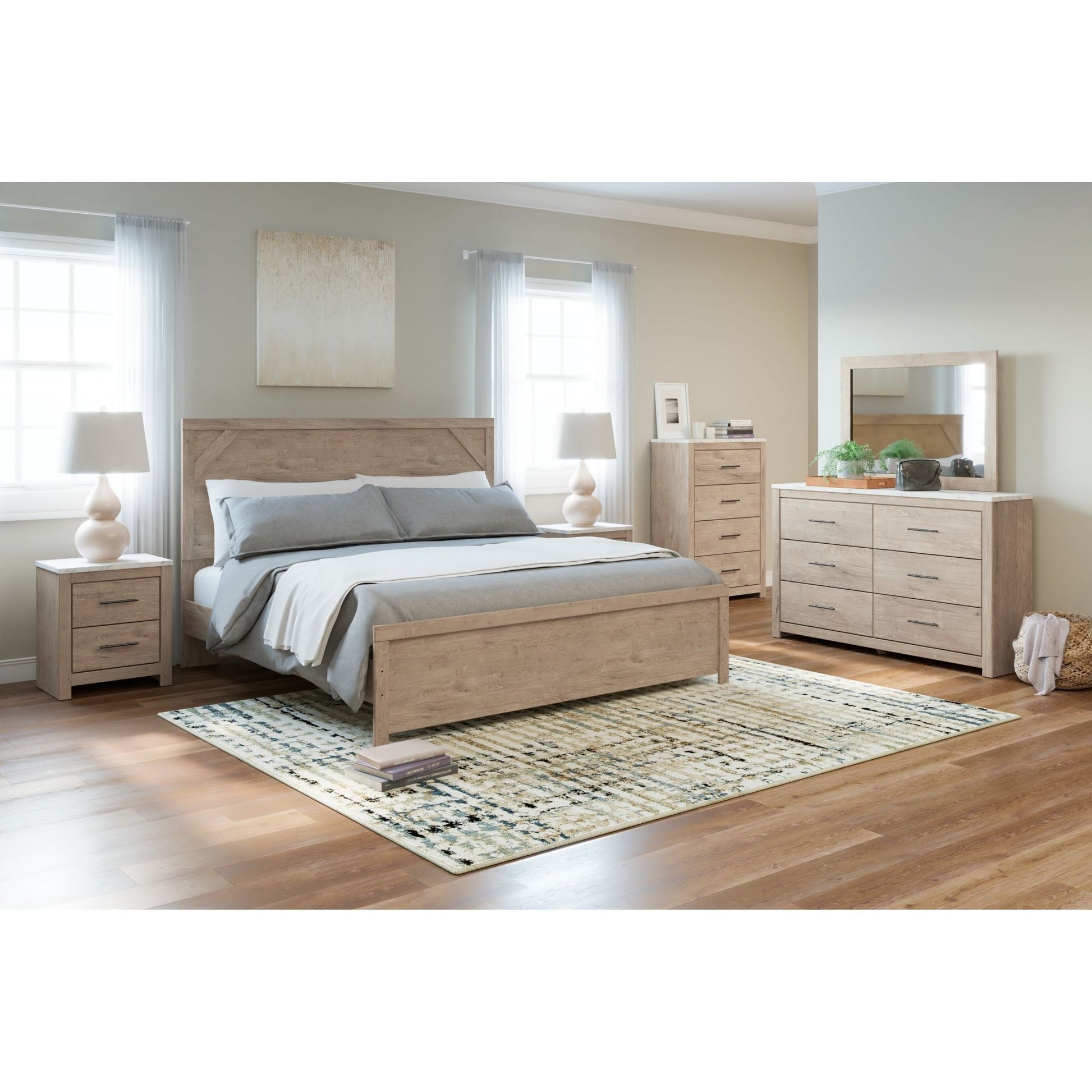 Senniberg 3 Piece King Panel Bed - Light Brown/White
